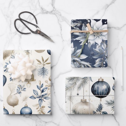 洗練されたブルー&金ゴールドクリスマスパターン ラッピングペーパーシート (正面)