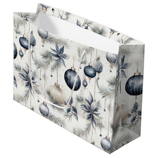 洗練されたブルー&金ゴールドクリスマス ラージペーパーバッグ (正面アングル)
