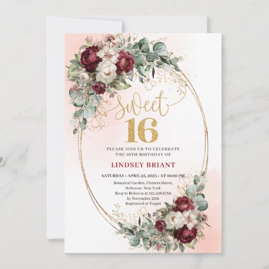 洗練されたボヘミアンスタイルのマルーンフラワーが美しいゴールドのスイート16招待状 招待状 (正面)