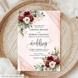 洗練されたボヘミアンスタイルの深紅とゴールドのフラワーズウェディング 招待状