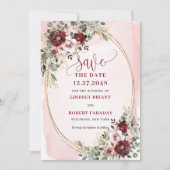 洗練されたボヘミアン風のマロンブルーシュ+ゴールドのフラワーモチーフの結婚式延期案内 招待状 (正面)