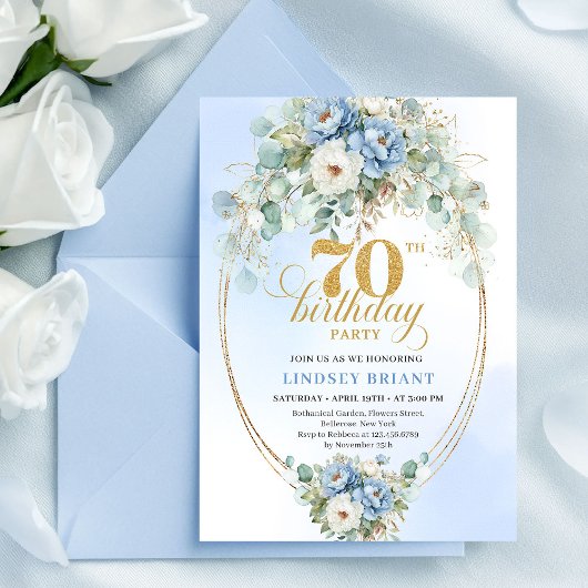 洗練されたボヘミアン風ブルー&ゴールドの花柄 70歳の誕生日 招待状