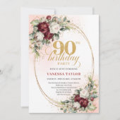 洗練されたボルドーの花とゴールドフレームの90歳の誕生日 招待状 (正面)