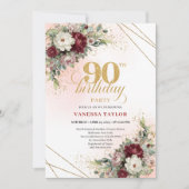 洗練されたボルドーの花 ユーカリ 90歳の誕生日 招待状 (正面)