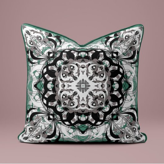 洗練されたマンダラ装飾用クッション – ブラック&セージ クッション