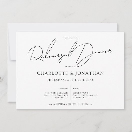 洗練されたモダンスクリプトのリハーサルディナー 招待状 (正面)