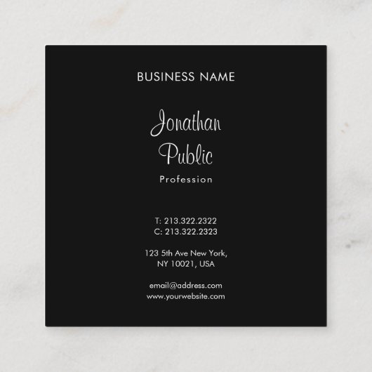 洗練されたモダンスクリプトの白黒カッコいい スクエア名刺 (裏面)