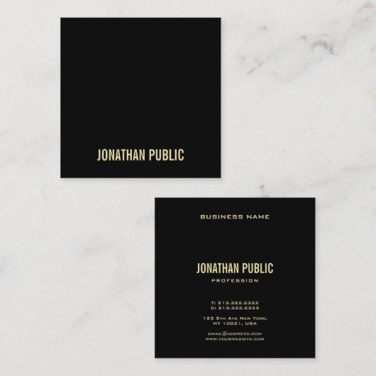 洗練されたモダンブラック金ゴールドプロフェッショナルプレーン スクエア名刺 (正面/裏面)