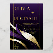 洗練されたモダン抽象芸術紫と金ゴールド 箔招待状 (正面)