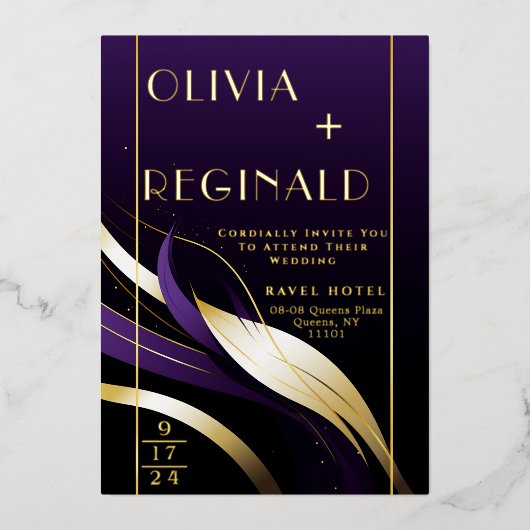 洗練されたモダン抽象芸術紫と金ゴールド 箔招待状 (正面)