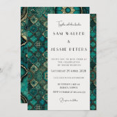 洗練されたモダン緑のパタ結婚ーン 招待状 (正面/裏面)