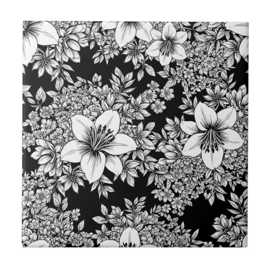 洗練されたモノクロームの花柄ラグジュアリーパターン（８） タイル (正面)