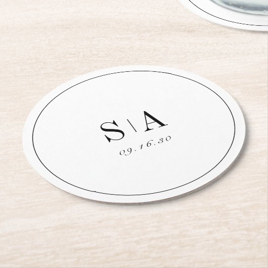 洗練されたモノグラムの白黒ミニマル主義者 ラウンドペーパーコースター (アングル)