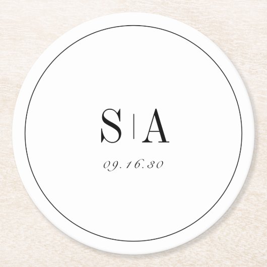 洗練されたモノグラムの白黒ミニマル主義者 ラウンドペーパーコースター (正面)