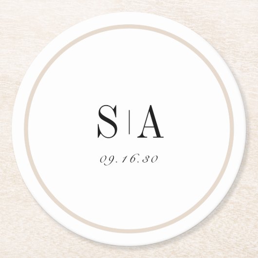 洗練されたモノグラムの白黒ミニマル主義者 ラウンドペーパーコースター (正面)