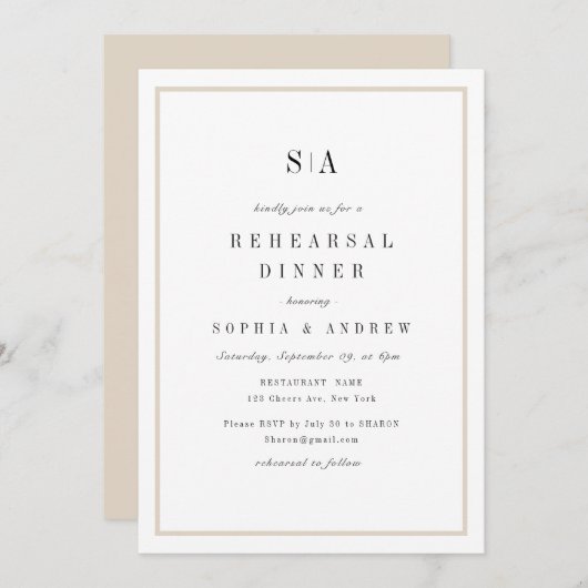 洗練されたモノグラムミニマリストリハーサルディナー 招待状 (正面/裏面)
