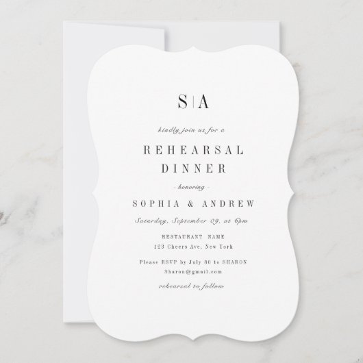 洗練されたモノグラムミニマリストリハーサルディナー 招待状 (正面)