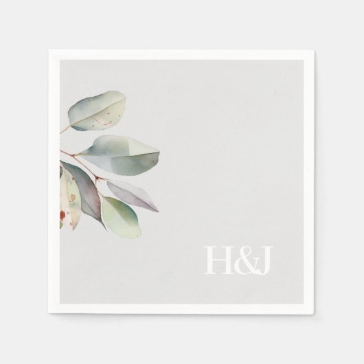 洗練されたモノグラム離れユーカリ スタンダードカクテルナプキン (正面)