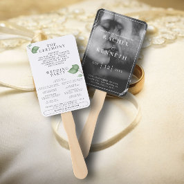 洗練されたユーカリのブラック＆ホワイト写真 ウェディングセレモニープログラム ハンドファン