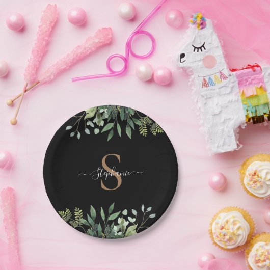 洗練されたユーカリ植物学ゴールドモノグラムスクリプト ペーパープレート (パーティー)