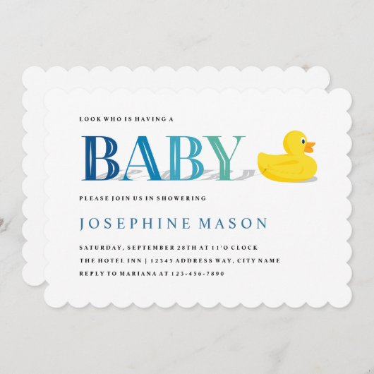 洗練されたラバーダックターコイズベビーシャワー 招待状 (正面/裏面)