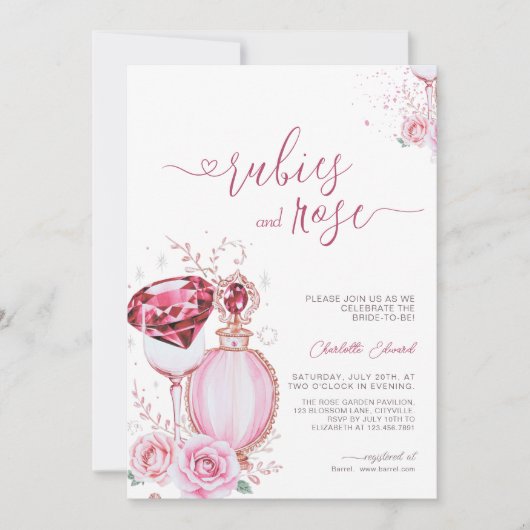 洗練されたルビーとバラブライダルシャワー 招待状 (正面)