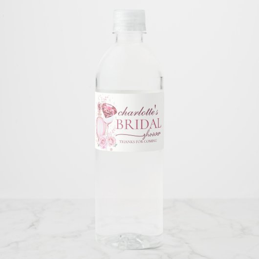 洗練されたルビーとローズのブライダルシャワー ペットボトルラベル (正面)