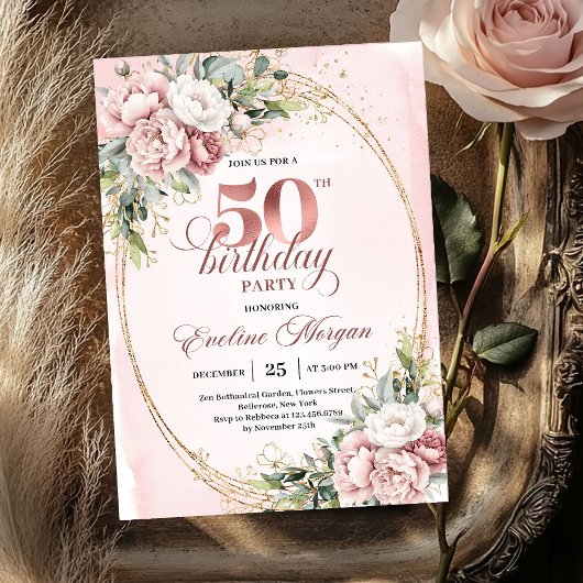 洗練されたローズゴールドのグリーンが華やぐ50歳の誕生日招待状 招待状