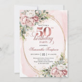 洗練されたローズゴールドのグリーンが華やぐ50歳の誕生日招待状 招待状 (正面)
