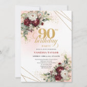 洗練されたワインレッドの花 ゴールド 90歳の誕生日  招待状 (正面)