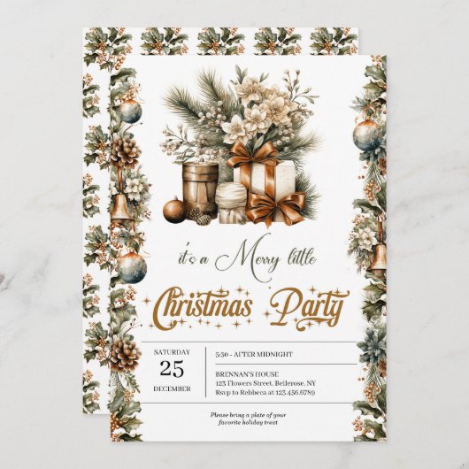 洗練されたヴィンテージグリーンと金ゴールド休日 招待状 (正面/裏面)