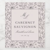 洗練されたヴィンテージバラピンクモノグラム結婚ズ ワインラベル (シングルラベル)