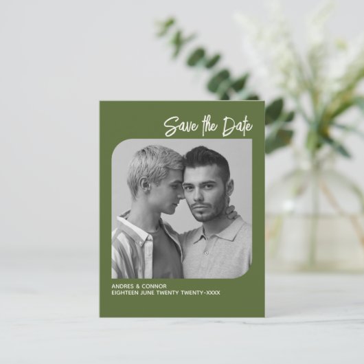 洗練された写真日付を保存する緑のはがき ポストカード (スタンド正面)