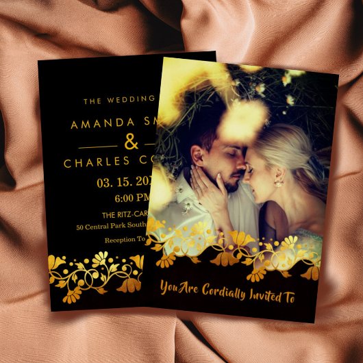 洗練された写真黒金ゴールドフローリッシュモノグラム 箔シーズンカード