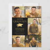 洗練された卒業ブラックゴールドキャップ5枚の写真コラージュ 招待状 (正面)