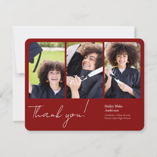 洗練された卒業写真コラージルビーレッド サンキューカード (正面)