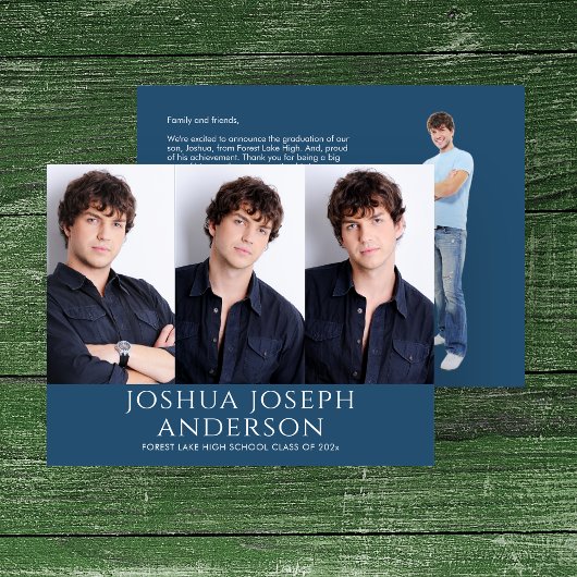 洗練された卒業式3枚のフォトブルー王室のカラー ノートカード