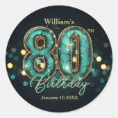 洗練された大人っぽいティール+ゴールドの80歳の誕生日 ラウンドシール (正面)
