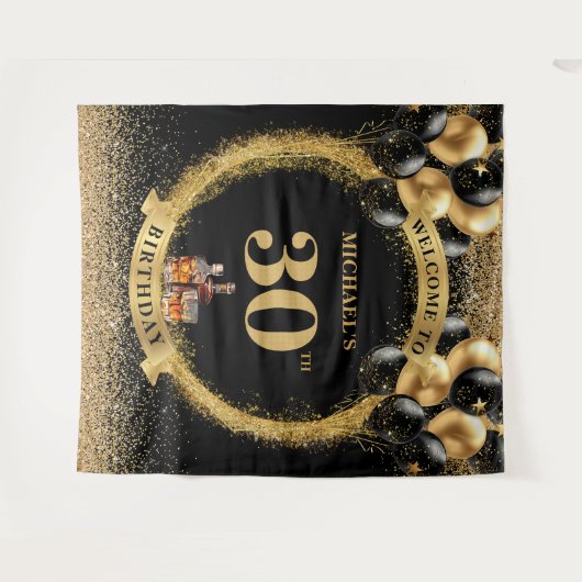 洗練された大人の男の30歳誕生日ウィスキー ディスプレイ タペストリー (正面(横))