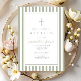 洗練された宗教的なsageグリーンの男の子の洗礼 招待状