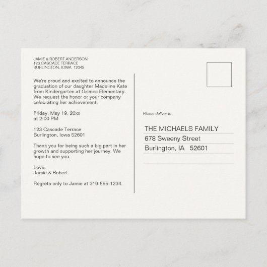 洗練された幼稚園卒業招待状 ポストカード (裏面)