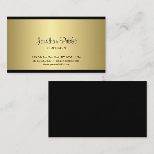 洗練された手書きスクリプトの黒と金ゴールド 名刺 (正面/裏面)