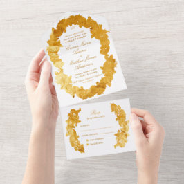 洗練された擬似箔スクリプトゴールドバロックウェディング オールインワン招待状