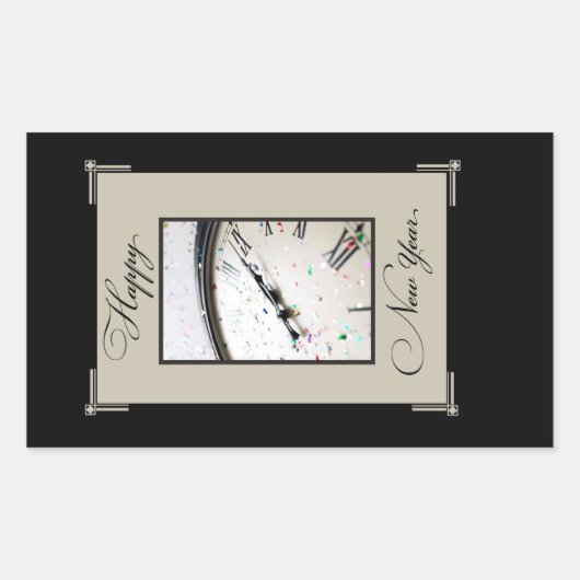 洗練された新年のイブパーティー、ブラック&タン 長方形シール (正面)