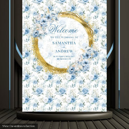 洗練された水彩のダスティーブルーとゴールドのウェディング タペストリー