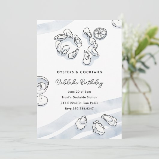 洗練された水彩インクの牡蠣とカクテル 招待状 (スタンド正面)