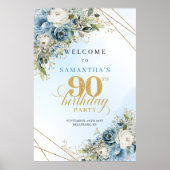 洗練された水彩ブルーの花とゴールドの90歳の誕生日 ポスター (正面)