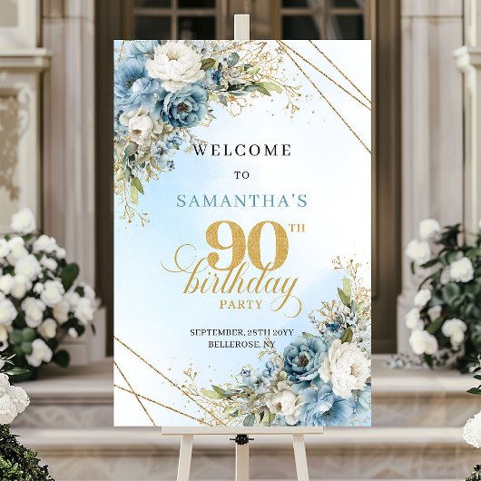 洗練された水彩ブルーの花とゴールドの90歳の誕生日 ポスター