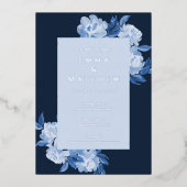 洗練された水彩花の青い背景 箔招待状 (正面)