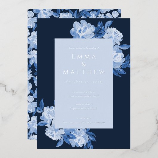 洗練された水彩花の青い背景 箔招待状 (正面/裏面)